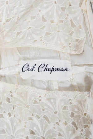 1950's Ceil Chapman Embroidered Ivory Eyelet Cotton Tiered Bridal Dress