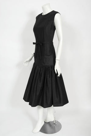 1956 Traina-Norell Couture Black Silk Belted Flounce Cocktail Dress