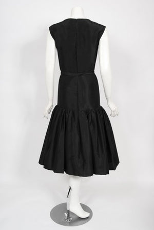 1956 Traina-Norell Couture Black Silk Belted Flounce Cocktail Dress