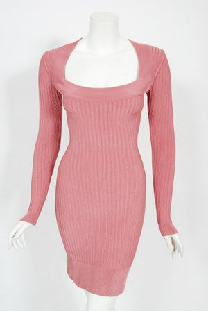 1990 Azzedine Alaia Blush-Pink Ribbed Knit Long Sleeve Bodycon Dress