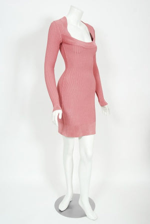 1990 Azzedine Alaia Blush-Pink Ribbed Knit Long Sleeve Bodycon Dress