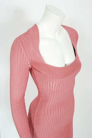 1990 Azzedine Alaia Blush-Pink Ribbed Knit Long Sleeve Bodycon Dress
