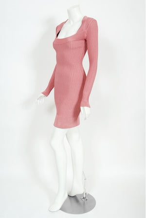 1990 Azzedine Alaia Blush-Pink Ribbed Knit Long Sleeve Bodycon Dress