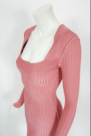 1990 Azzedine Alaia Blush-Pink Ribbed Knit Long Sleeve Bodycon Dress