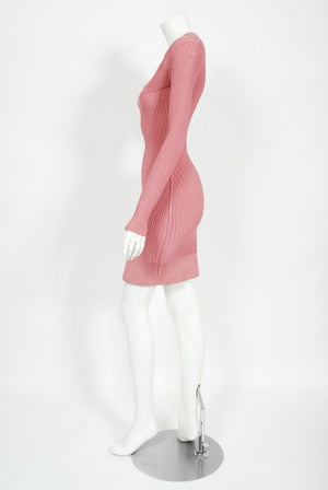1990 Azzedine Alaia Blush-Pink Ribbed Knit Long Sleeve Bodycon Dress