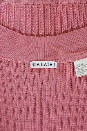 1990 Azzedine Alaia Blush-Pink Ribbed Knit Long Sleeve Bodycon Dress