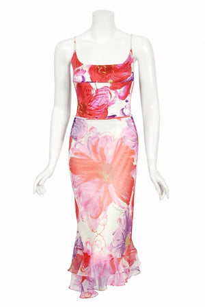 2001 Dolce & Gabbana Floral Stretch Silk Boned Bustier & Ruffle Skirt