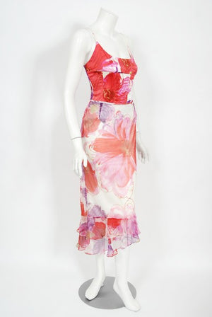 2001 Dolce & Gabbana Floral Stretch Silk Boned Bustier & Ruffle Skirt