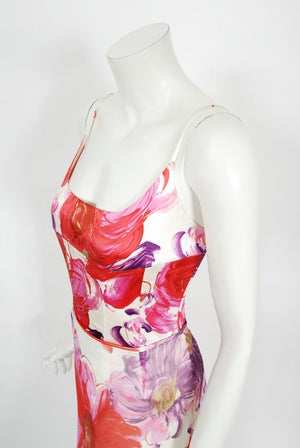 2001 Dolce & Gabbana Floral Stretch Silk Boned Bustier & Ruffle Skirt
