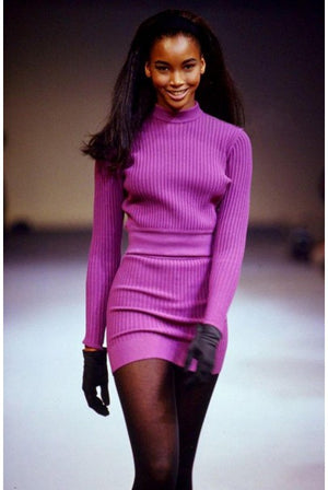 1990 Azzedine Alaia Blush-Pink Ribbed Knit Long Sleeve Bodycon Dress
