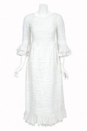 1960's Sybil Connolly Couture Pleated White Linen Bell-Sleeve Dress