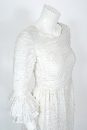 1960's Sybil Connolly Couture Pleated White Linen Bell-Sleeve Dress