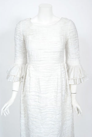 1960's Sybil Connolly Couture Pleated White Linen Bell-Sleeve Dress