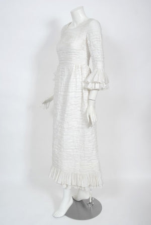 1960's Sybil Connolly Couture Pleated White Linen Bell-Sleeve Dress