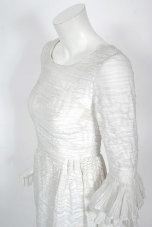 1960's Sybil Connolly Couture Pleated White Linen Bell-Sleeve Dress