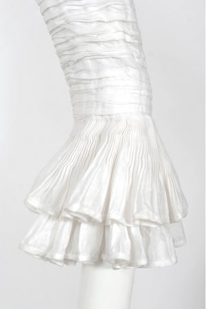 1960's Sybil Connolly Couture Pleated White Linen Bell-Sleeve Dress