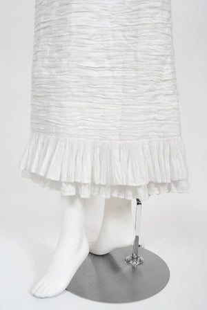 1960's Sybil Connolly Couture Pleated White Linen Bell-Sleeve Dress