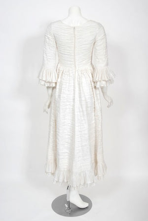 1960's Sybil Connolly Couture Pleated White Linen Bell-Sleeve Dress