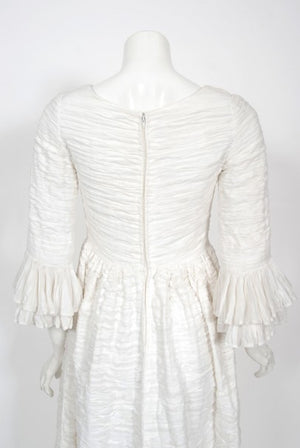 1960's Sybil Connolly Couture Pleated White Linen Bell-Sleeve Dress