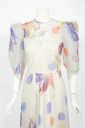 1970's Stavropoulos Couture Colorful Floral Print Silk Puff-Sleeve Gown