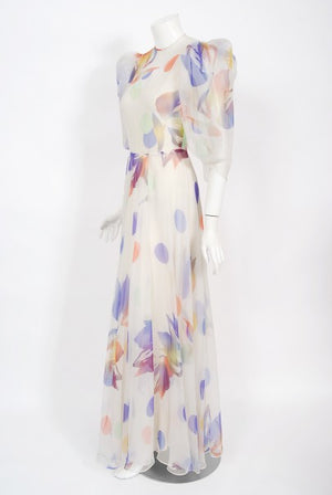 1970's Stavropoulos Couture Colorful Floral Print Silk Puff-Sleeve Gown