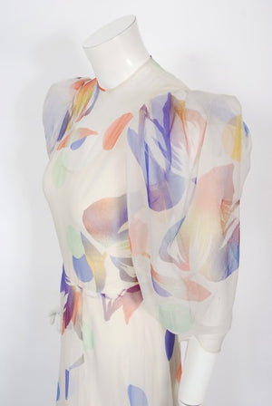1970's Stavropoulos Couture Colorful Floral Print Silk Puff-Sleeve Gown