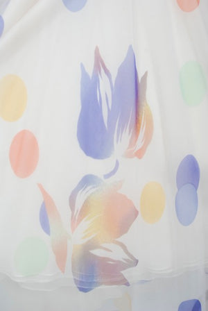 1970's Stavropoulos Couture Colorful Floral Print Silk Puff-Sleeve Gown