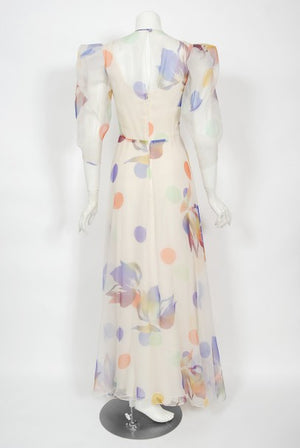 1970's Stavropoulos Couture Colorful Floral Print Silk Puff-Sleeve Gown