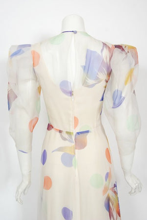 1970's Stavropoulos Couture Colorful Floral Print Silk Puff-Sleeve Gown
