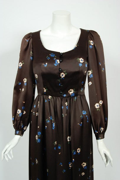1974 Yves Saint Laurent Rive Gauche Brown Floral Print Satin Maxi Dress