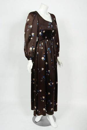 1974 Yves Saint Laurent Rive Gauche Brown Floral Print Satin Maxi Dress