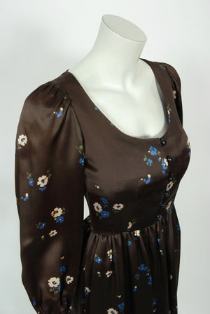 1974 Yves Saint Laurent Rive Gauche Brown Floral Print Satin Maxi Dress