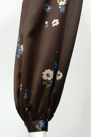 1974 Yves Saint Laurent Rive Gauche Brown Floral Print Satin Maxi Dress