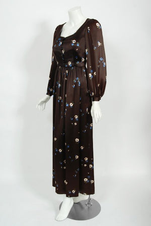 1974 Yves Saint Laurent Rive Gauche Brown Floral Print Satin Maxi Dress