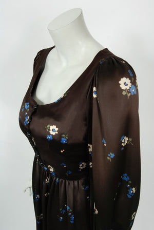 1974 Yves Saint Laurent Rive Gauche Brown Floral Print Satin Maxi Dress