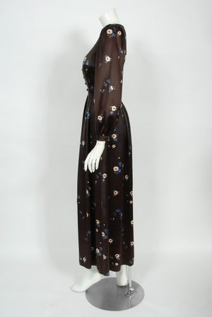 1974 Yves Saint Laurent Rive Gauche Brown Floral Print Satin Maxi Dress