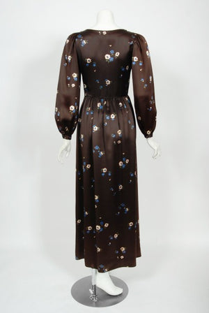 1974 Yves Saint Laurent Rive Gauche Brown Floral Print Satin Maxi Dress