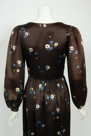 1974 Yves Saint Laurent Rive Gauche Brown Floral Print Satin Maxi Dress