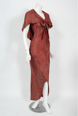 1970's Holly's Harp Bird Garden Print Burgundy Brocade Bias-Cut Gown