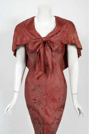 1970's Holly's Harp Bird Garden Print Burgundy Brocade Bias-Cut Gown