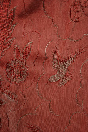 1970's Holly's Harp Bird Garden Print Burgundy Brocade Bias-Cut Gown