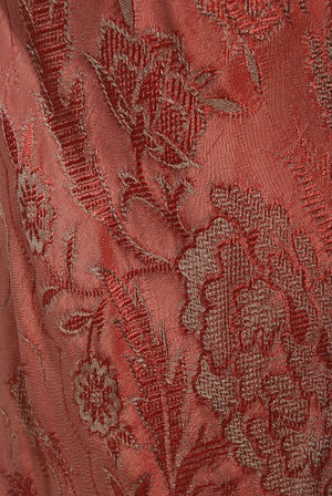 1970's Holly's Harp Bird Garden Print Burgundy Brocade Bias-Cut Gown