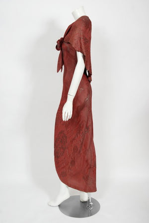 1970's Holly's Harp Bird Garden Print Burgundy Brocade Bias-Cut Gown