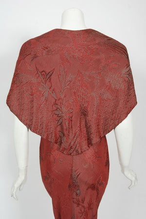 1970's Holly's Harp Bird Garden Print Burgundy Brocade Bias-Cut Gown