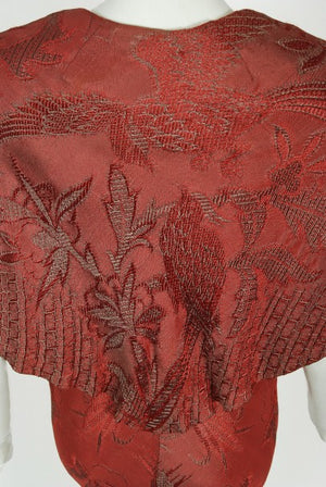 1970's Holly's Harp Bird Garden Print Burgundy Brocade Bias-Cut Gown