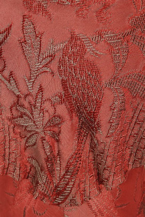 1970's Holly's Harp Bird Garden Print Burgundy Brocade Bias-Cut Gown