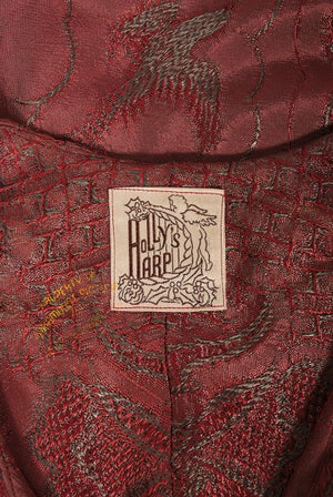 1970's Holly's Harp Bird Garden Print Burgundy Brocade Bias-Cut Gown