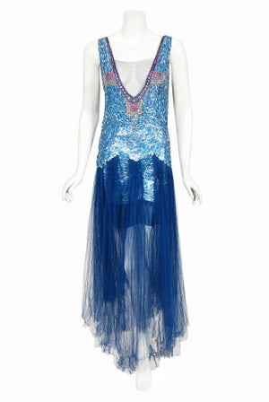 1920's Ocean Blue Sequin Beaded Sheer Net-Tulle Mermaid Flapper Gown