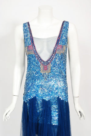 1920's Ocean Blue Sequin Beaded Sheer Net-Tulle Mermaid Flapper Gown