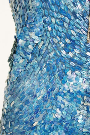1920's Ocean Blue Sequin Beaded Sheer Net-Tulle Mermaid Flapper Gown